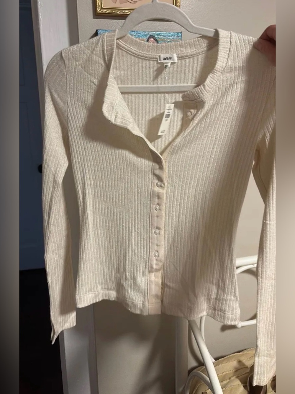 Aerie Cream Ribbed Button-Front Long Sleeve Top with Sparkles